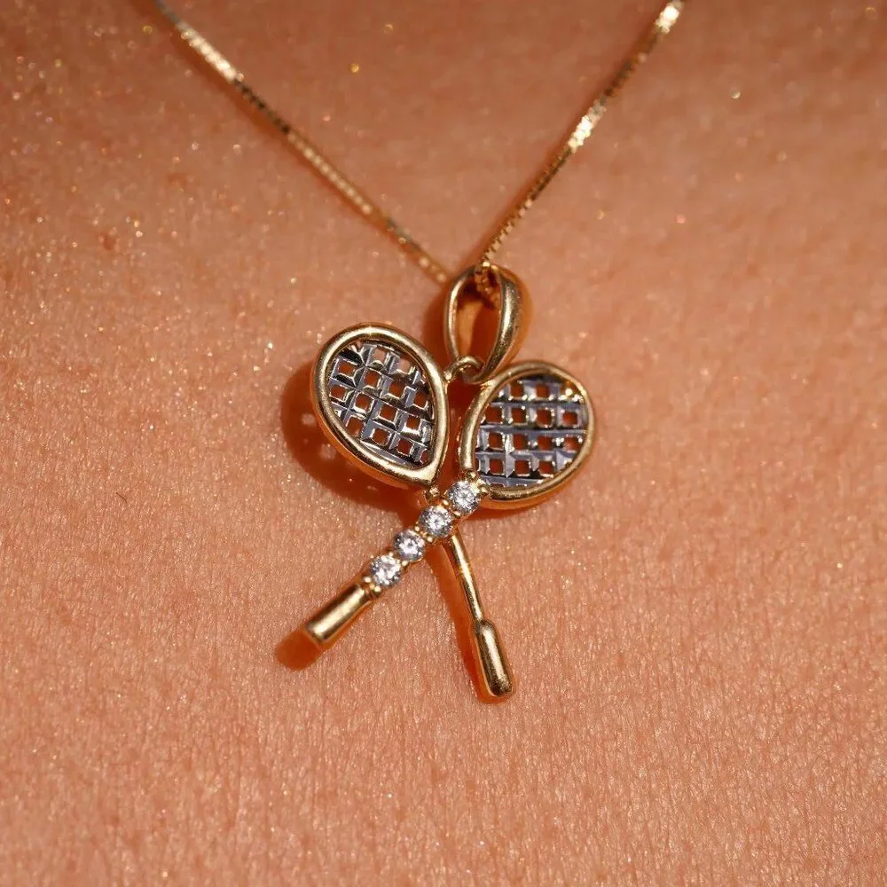 14K Solid Gold Tennis Racquet Pendant 1.4g Two-Tone